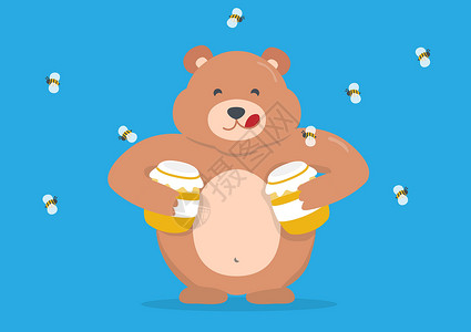 棕熊吃太阳眼镜矢量卡通人物熊手抱着一罐蜜蜂和蜜蜂 在花蜜周围飞来飞去 平板风格的漫画插图矢量插画