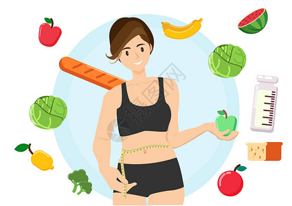 吃坏肚子女性测量腰围 手握新鲜绿苹果 平式卡通插图矢量(Flat Style)插画