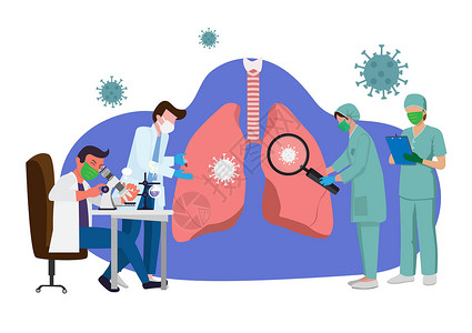 一组医生正在检查受冠状病毒感染的肺部 卡通风格医务人员的病媒图解用显微镜检查感染情况 以挽救肺炎电晕病毒治疗概念中患者的生命插画