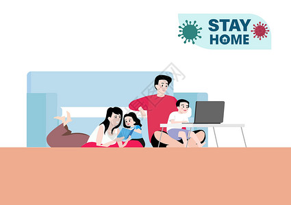 妈妈电脑家里幸福的家庭 母亲 父亲 儿子和女儿都很安全 可以防止冠状病毒在家里传播 亲子交流 平面插画矢量设计图片