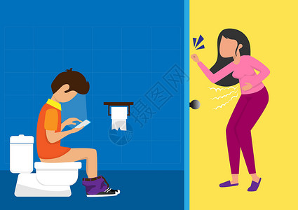 纸马桶一个男人拿着手机坐在马桶上一个女人在门口等着 她要尿尿 但卫生间锁着 平面样式卡通插图矢量插画