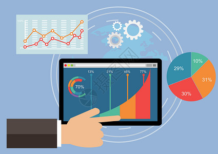 在平板电脑上分析市场趋势 使用折线图和图形在屏幕上设计统计信息图 移动技术概念矢量图背景图片