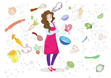 胡萝卜排骨汤一位年轻女性设计了带有物品的菜单和背景中的烹饪用具 平式卡通插图矢量设计图片