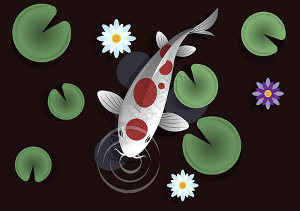 鱼塘设计素材红斑白锦鲤在鱼塘里嗅着空气 池内有荷叶和美丽的荷花 矢量卡通平面风格插画插画
