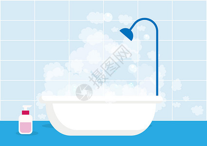 抽拉式水龙头浴缸内和浴缸内隔着泡沫浴盆浴缸 用平式矢量插图在浅蓝色瓷砖背景洗澡时被隔离插画