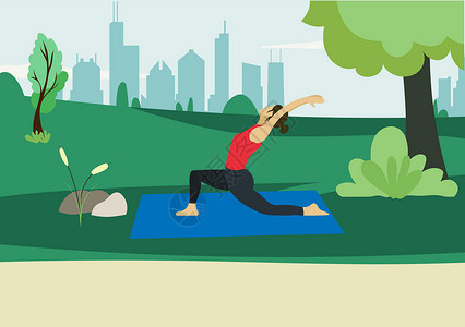 在公园里做瑜伽瑜伽中的年轻女孩在露天露天表演 在城市公园 树木和城镇进行背景锻炼 健康生活方式概念 平式矢量插图设计图片