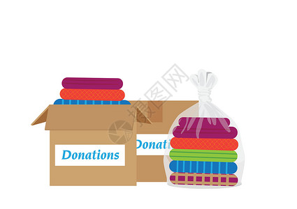 闲置物品交换用过的衣服装在袋子和箱子里 单独的白色捐赠箱 用过的衬衫用于捐赠 平面样式卡通插图矢量插画