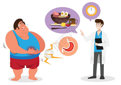 伤痕胖男角色胃痛男医生给出易消化的饮食建议按时吃饭 平面样式卡通插图矢量插画
