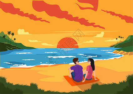 月牙上情侣情侣在美丽的海滩上愉快地聊天和享受日落 平板风格的漫画插图矢量设计图片