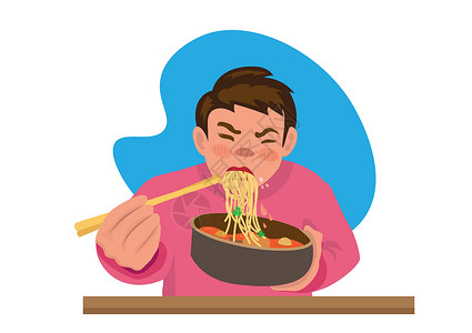 健康型方便面享受面条和热汤的男孩 那些因饥饿而匆忙吃饭的人 平式卡通矢量插图插画