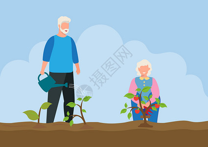 老来娇年长夫妇通过水 铲铲 除草和退休后出售产品来照顾他们的园艺 平式卡通矢量插图(Plap Style)插画