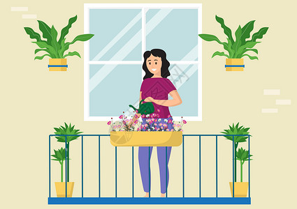 室内阳台背景手持自来水罐以及室内 阳台上或房间里的水厂; 在锅里现代室内花朵 平式卡通插图矢量(Plap style)插画