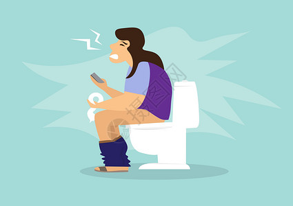 排便妇女坐在马桶上 胃痛和腹泻 用手机和组织在手提矢量中展示平板设计图;插画