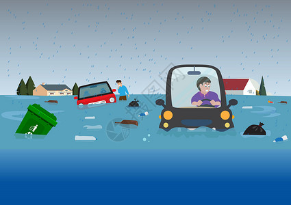 汽车雨刮城市洪水导致汽车和垃圾漂浮在水面上 车上的男性性格令人震惊 试图帮助自己用卡通画来展示平板风格设计图片