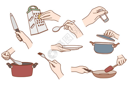 烹饪的手一套人使用厨房工具做饭插画