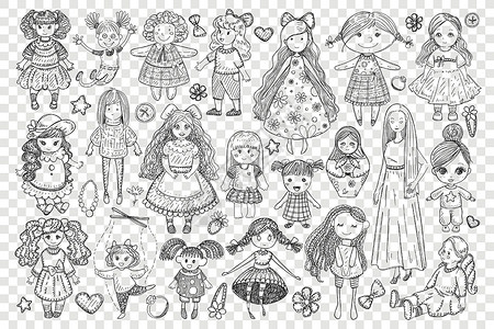 儿童颗粒面女孩涂面套装的娃娃和玩具设计图片