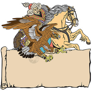 草原骑手用老鹰在马上打猎 用卷轴模样插画
