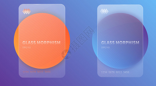 玻璃态射效应 橙色和蓝色渐变圆上的透明磨砂亚克力卡逼真的玻璃形态哑光有机玻璃矩形形状 未来派风格的旗帜 向量插画