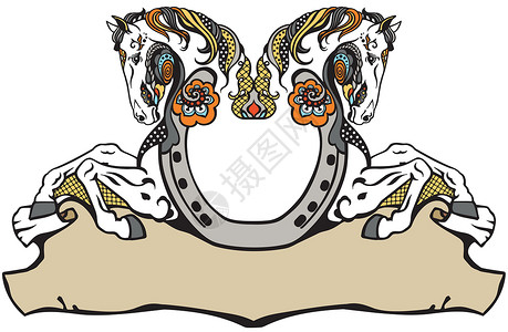 马蒂洛马蹄和两匹装饰马农场装饰品铁匠运气马蹄铁吉祥物标识牧场马头小马插画