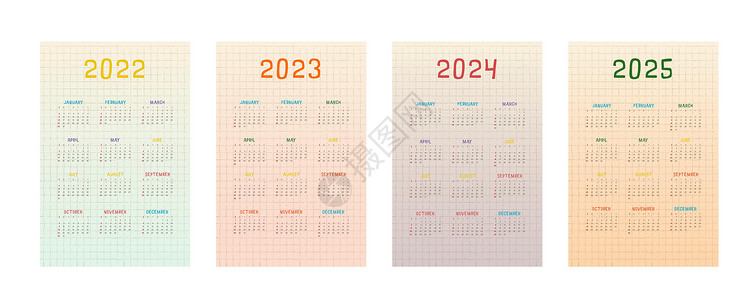 2022年2022年2023年2024年2025年日历 带有多色可爱幼稚设计记事簿年度季刊季节规划师桌子网格日程日记商业设计图片