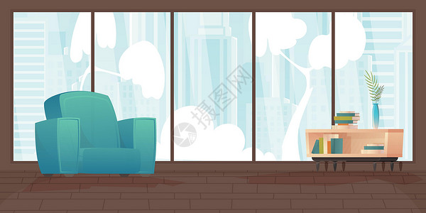 全景客厅房间为您的场景提供大型全景窗口 用平板风格的可爱插图插画