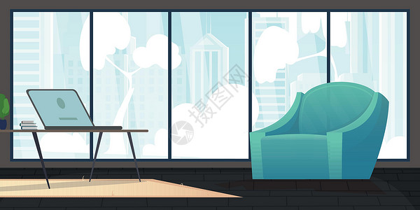 全景客厅室内装饰家具和大型全景窗口 用平板风格的可爱插图家庭房间长椅房子窗户公寓休息室地毯装饰客厅插画