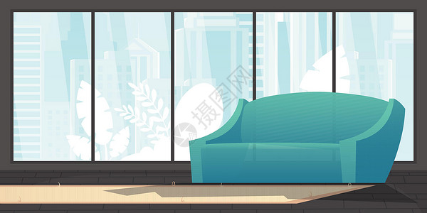 全景房间素材房间为您的场景提供大型全景窗口 矢量插图以平坦的风格显示装饰休息室地毯地面座位软垫长椅窗户家庭桌子插画