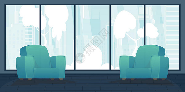 全景客厅室内装饰家具和大型全景窗口 卡通风格的矢量器房子公寓窗户沙发座位休息室软垫客厅装饰地毯插画