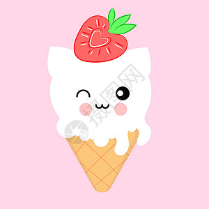 美国猫素材冰淇淋角色卡哇伊猫 日式 款待 草莓甜 贴纸 纺织品印花 T 恤 包装插画
