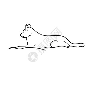 气喘吁吁坐在床边的侧面狗 在白色背景线艺术上被孤立的画在床上插图矢量手上插画