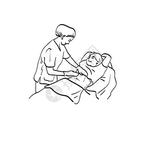 在诊所对孕妇腹部施凝胶以进行超声波检查的女医生中 用白色背景线艺术脱落的插图式矢量手背景图片