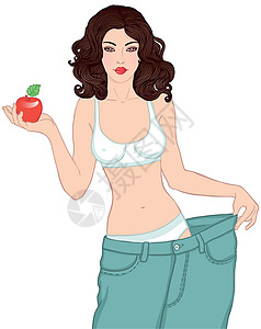 牛仔裤裤兜怀着红苹果 体重减肥的妇女设计图片
