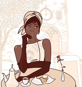 美丽咖啡店美丽的非洲女孩 在街头咖啡厅的美美女孩插画