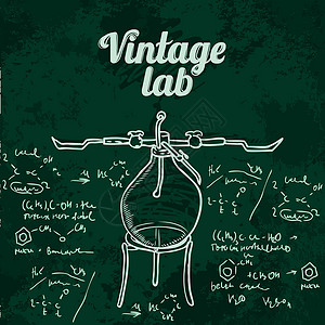 旧化学实验室在深绿色学校董事会上的无缝结构图案教育生物学绘画手绘测试化学品玻璃器皿草图艺术品背景图片
