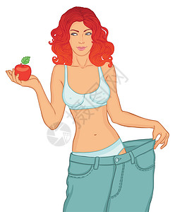 牛仔裤店年轻女子穿着旧牛仔裤 身穿旧牛仔裤 体重减肥后背负着白色孤立的红苹果设计图片