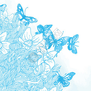 爱要有礼才完美美丽的背景 有蝴蝶和花朵 涂有水彩色天空植物插图叶子绘画鸢尾花植物学曲线飞行艺术插画