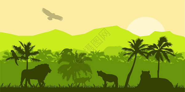 荒野风景丛林森林矢量剪影 绿色热带自然背景 亚马逊雨林全景景观 野生动物插图 狮子 猴子 巨嘴鸟 鹦鹉 丛林剪影横幅 EPS设计图片