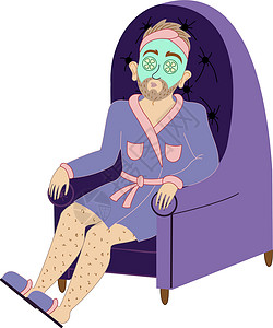 穿浴袍男性一个穿浴袍的男人坐在椅子上 脸上戴着化妆面罩的化妆面具设计图片