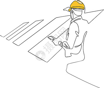 穿制服和安全头盔的工兵连续一行绘制一行连线图木工插图男人木板矢量职业画线木头作坊设计插画