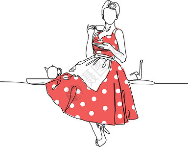 老茶厨房里的女人喝着热饮呢饮料微笑杯子艺术桌子女性女孩早餐插图女士设计图片