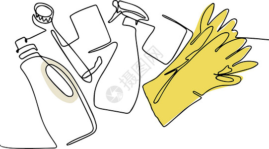 一套连续素材清洁计分器连续直线绘图房子包装瓶子菜肴主妇清洁剂肥皂织物药店卫生插画