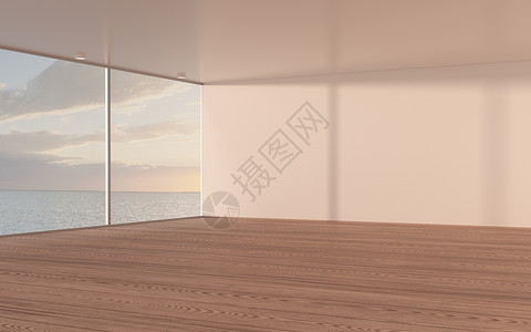 有木地板的空房间 3D翻接窗户日落海洋公寓阳光房子展示渲染建筑地面背景图片