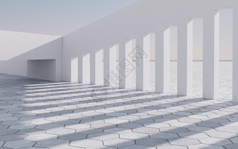 空室外地面背景 3D翻译工程渲染正方形六边形建筑推介会阴影几何学水泥墙壁背景图片