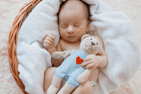 新生婴儿在婴儿篮子里睡着时有软玩具背景图片