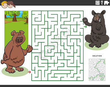 黑熊带卡通熊动物字符的迷宫游戏设计图片