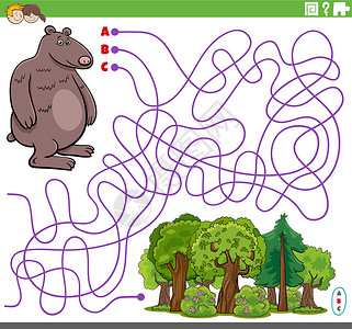 谜语带卡通熊动物性格和森林的迷宫游戏设计图片