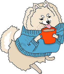 六大茶类穿蓝毛衣的波美拉尼狗喝杯酒 Spitz拿着红色杯子 矢量插图插画