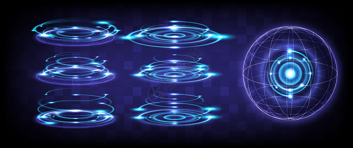 辉光中国风转环矢量大文件 发光的 HUD 中的科幻高科技舞台集合 科学未来主义的全息图门户漩涡 奇幻游戏中的魔法传送门 圆形传送讲台 霓虹灯环设计图片