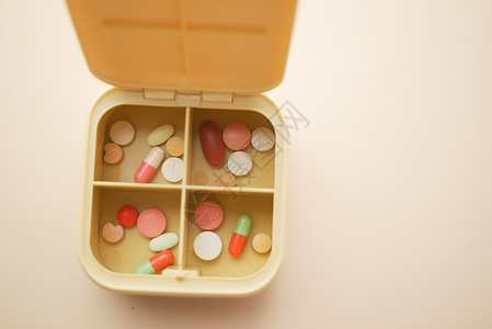 在彩色背景药丸盒里闭紧的药片背景图片