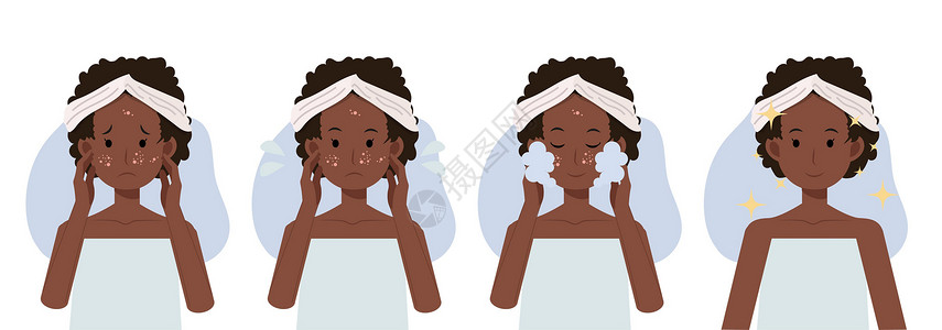 非洲妇女非洲美洲妇女 皮肤护理概念 面部清洗泡沫 前后的阴囊治疗 非洲女性 气球矢量漫画插图设计图片